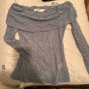 ASTR Off-the-Shoulder Lace Sweater in Blue
